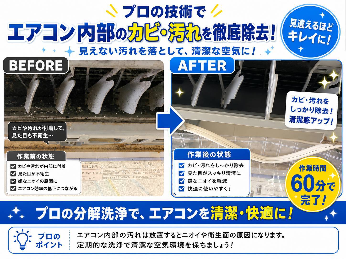 エアコン吹き出し口内部のカビ洗浄前と洗浄後